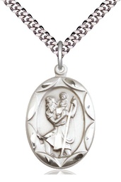 [0801CSS/24S] Sterling Silver Saint Christopher Pendant on a 24 inch Light Rhodium Heavy Curb chain