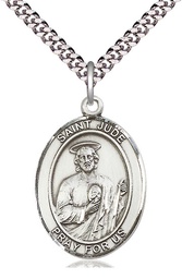 [7060SS/24S] Sterling Silver Saint Jude Pendant on a 24 inch Light Rhodium Heavy Curb chain