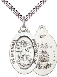 [4145RSS1/24S] Sterling Silver Saint Michael Air Force Pendant on a 24 inch Light Rhodium Heavy Curb chain