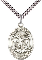 [1173SS/24S] Sterling Silver Saint Michael Guardian Angel Pendant on a 24 inch Light Rhodium Heavy Curb chain