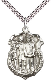 [5694SS/24S] Sterling Silver Saint Michael the Archangel Police Shield Pendant on a 24 inch Light Rhodium Heavy Curb chain