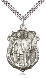 [5694SS/24S] Sterling Silver Saint Michael the Archangel Police Shield Pendant on a 24 inch Light Rhodium Heavy Curb chain