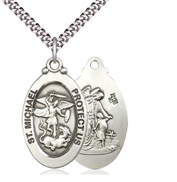 [4145RSS/24S] Sterling Silver Saint Michael the Archangel Pendant on a 24 inch Light Rhodium Heavy Curb chain