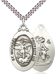 [4145RSS/24S] Sterling Silver Saint Michael the Archangel Pendant on a 24 inch Light Rhodium Heavy Curb chain