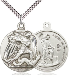 [0841SS/24S] Sterling Silver Saint Michael the Archangel Pendant on a 24 inch Light Rhodium Heavy Curb chain