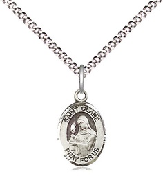 [9028SS/18S] Sterling Silver Saint Clare of Assisi Pendant on a 18 inch Light Rhodium Light Curb chain