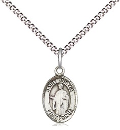 [9052SS/18S] Sterling Silver Saint Justin Pendant on a 18 inch Light Rhodium Light Curb chain