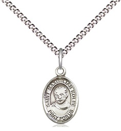[9073SS/18S] Sterling Silver Saint Maximilian Kolbe Pendant on a 18 inch Light Rhodium Light Curb chain