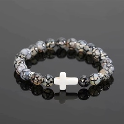 [YW-SB-WH] 8mm Semi-Precious Stone Stretch Braclet w/Cross – White