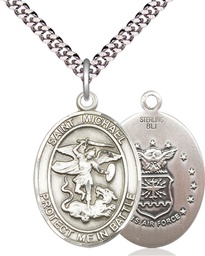 [1173SS1/24S] Sterling Silver Saint Michael Air Force Pendant on a 24 inch Light Rhodium Heavy Curb chain