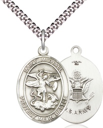 [1173SS2/24S] Sterling Silver Saint Michael Army Pendant on a 24 inch Light Rhodium Heavy Curb chain