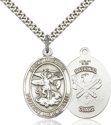 [1173SS5/24S] Sterling Silver Saint Michael National Guard Pendant on a 24 inch Light Rhodium Heavy Curb chain