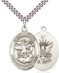 [1173SS6/24S] Sterling Silver Saint Michael Navy Pendant on a 24 inch Light Rhodium Heavy Curb chain