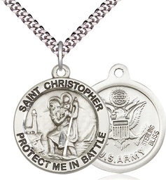 [1174SS2/24S] Sterling Silver Saint Christopher Army Pendant on a 24 inch Light Rhodium Heavy Curb chain