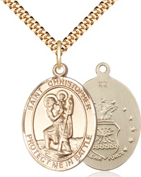 [1177GF1/24G] 14kt Gold Filled Saint Christopher Air Force Pendant on a 24 inch Gold Plate Heavy Curb chain