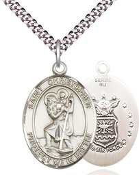 [1177SS1/24S] Sterling Silver Saint Christopher Air Force Pendant on a 24 inch Light Rhodium Heavy Curb chain