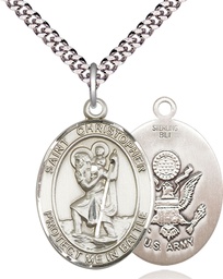[1177SS2/24S] Sterling Silver Saint Christopher Army Pendant on a 24 inch Light Rhodium Heavy Curb chain