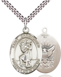 [1177SS6/24S] Sterling Silver Saint Christopher Navy Pendant on a 24 inch Light Rhodium Heavy Curb chain