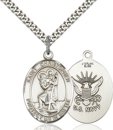 [1177SS6/24S] Sterling Silver Saint Christopher Navy Pendant on a 24 inch Light Rhodium Heavy Curb chain