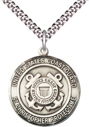 [1182SS3/24S] Sterling Silver Coast Guard St Christopher Pendant on a 24 inch Light Rhodium Heavy Curb chain