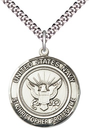 [1182SS6/24S] Sterling Silver Navy St Christopher Pendant on a 24 inch Light Rhodium Heavy Curb chain
