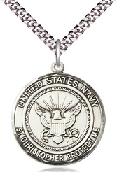 [1182SS6/24S] Sterling Silver Navy St Christopher Pendant on a 24 inch Light Rhodium Heavy Curb chain