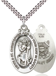[4145SS3/24S] Sterling Silver Saint Christopher Coast Guard Pendant on a 24 inch Light Rhodium Heavy Curb chain