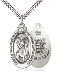 [4145SS3/24S] Sterling Silver Saint Christopher Coast Guard Pendant on a 24 inch Light Rhodium Heavy Curb chain