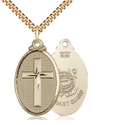 [4145YGF3/24G] 14kt Gold Filled Cross Coast Guard Pendant on a 24 inch Gold Plate Heavy Curb chain