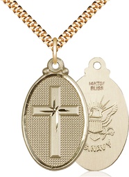 [4145YGF6/24G] 14kt Gold Filled Cross Navy Pendant on a 24 inch Gold Plate Heavy Curb chain