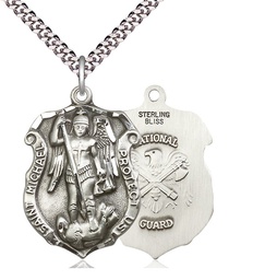 [5448SS5/24S] Sterling Silver Saint Michael National Guard Pendant on a 24 inch Light Rhodium Heavy Curb chain