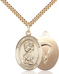 [7022GF7/24G] 14kt Gold Filled Saint Christopher Paratrooper Pendant on a 24 inch Gold Plate Heavy Curb chain