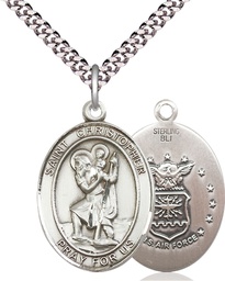[7022SS1/24S] Sterling Silver Saint Christopher Air Force Pendant on a 24 inch Light Rhodium Heavy Curb chain