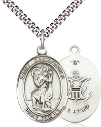 [7022SS2/24S] Sterling Silver Saint Christopher Army Pendant on a 24 inch Light Rhodium Heavy Curb chain