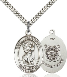 [7022SS3/24S] Sterling Silver Saint Christopher Coast Guard Pendant on a 24 inch Light Rhodium Heavy Curb chain