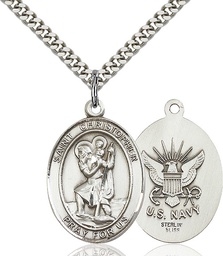 [7022SS6/24S] Sterling Silver Saint Christopher Navy Pendant on a 24 inch Light Rhodium Heavy Curb chain