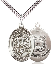[7040SS3/24S] Sterling Silver Saint George Coast Guard Pendant on a 24 inch Light Rhodium Heavy Curb chain