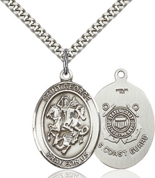 [7040SS3/24S] Sterling Silver Saint George Coast Guard Pendant on a 24 inch Light Rhodium Heavy Curb chain