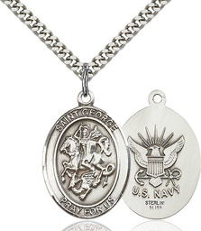 [7040SS6/24S] Sterling Silver Saint George Navy Pendant on a 24 inch Light Rhodium Heavy Curb chain