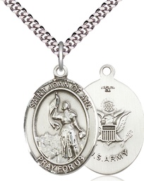 [7053SS2/24S] Sterling Silver Saint Joan of Arc Army Pendant on a 24 inch Light Rhodium Heavy Curb chain