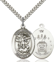 [7076SS1/24S] Sterling Silver Saint Michael Air Force Pendant on a 24 inch Light Rhodium Heavy Curb chain