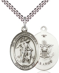[7118SS2/24S] Sterling Silver Guardian Angel Army Pendant on a 24 inch Light Rhodium Heavy Curb chain