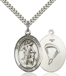 [7118SS7/24S] Sterling Silver Guardian Angel Paratrooper Pendant on a 24 inch Light Rhodium Heavy Curb chain