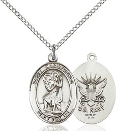 [8022SS6/18SS] Sterling Silver Saint Christopher Navy Pendant on a 18 inch Sterling Silver Light Curb chain