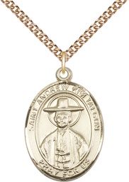 [7373GF/24GF] 14kt Gold Filled Saint Andrew Kim Taegon Pendant on a 24 inch Gold Filled Heavy Curb chain