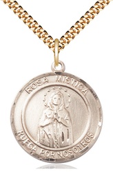 [7413RDSPGF/24GF] 14kt Gold Filled Our Lady Rosa Mystica Pendant on a 24 inch Gold Filled Heavy Curb chain