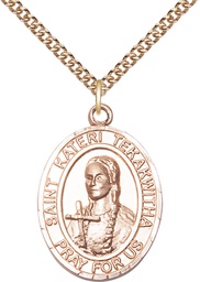 [7438GF/24GF] 14kt Gold Filled Saint Kateri Tekakwitha Pendant on a 24 inch Gold Filled Heavy Curb chain