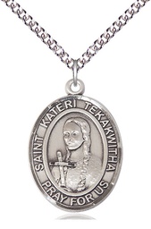 [7438SS/24SS] Sterling Silver Saint Kateri Tekakwitha Pendant on a 24 inch Sterling Silver Heavy Curb chain