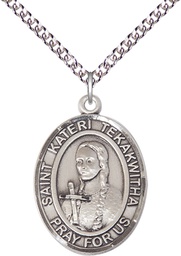 [7438SS/24SS] Sterling Silver Saint Kateri Tekakwitha Pendant on a 24 inch Sterling Silver Heavy Curb chain