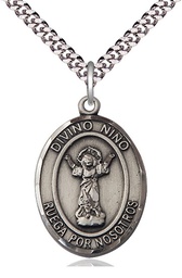 [7443SPSS/24S] Sterling Silver Divino Nino Pendant on a 24 inch Light Rhodium Heavy Curb chain